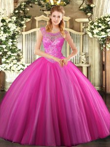 Stunning Sleeveless Floor Length Beading Lace Up Sweet 16 Dresses with Hot Pink