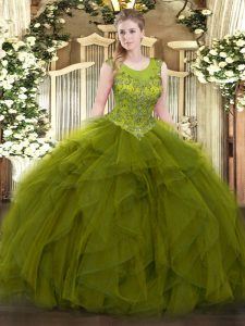  Olive Green Sleeveless Beading and Ruffles Floor Length Sweet 16 Dress