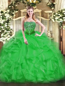  Green Organza Lace Up Ball Gown Prom Dress Sleeveless Floor Length Beading and Ruffles