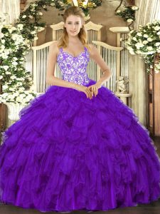 Traditional Organza Straps Sleeveless Lace Up Beading and Ruffles Quinceanera Dress in Purple