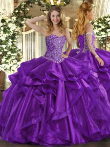  Organza Sweetheart Sleeveless Lace Up Beading and Ruffles Vestidos de Quinceanera in Purple