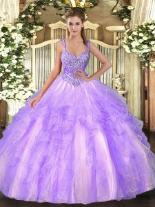  Lavender Lace Up Vestidos de Quinceanera Beading and Ruffles Sleeveless Floor Length