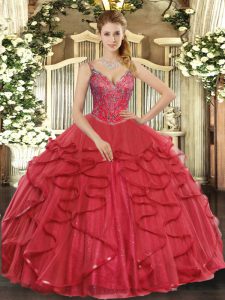 Modern Wine Red Tulle Lace Up 15 Quinceanera Dress Sleeveless Floor Length Beading and Ruffles