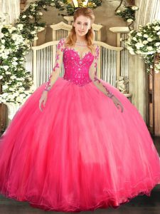  Coral Red Ball Gowns Scoop Long Sleeves Tulle Floor Length Lace Up Lace 15th Birthday Dress