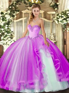 Adorable Floor Length Lace Up Sweet 16 Quinceanera Dress Lilac for Military Ball and Sweet 16 and Quinceanera with Beading and Ruffles