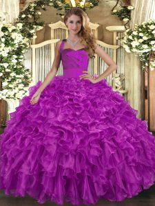  Fuchsia Organza Lace Up 15th Birthday Dress Sleeveless Floor Length Ruffles