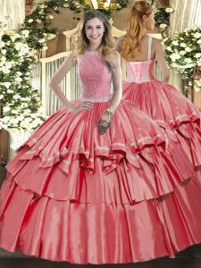  Ball Gowns 15th Birthday Dress Coral Red High-neck Organza and Taffeta Sleeveless Floor Length Lace Up