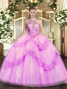 Unique Lilac Organza Lace Up Vestidos de Quinceanera Sleeveless Floor Length Appliques and Sequins