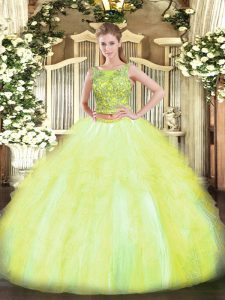 Free and Easy Yellow Green Lace Up Scoop Beading and Ruffles Ball Gown Prom Dress Tulle Sleeveless