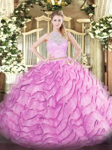 Dynamic Tulle Scoop Sleeveless Brush Train Zipper Lace and Ruffled Layers Sweet 16 Quinceanera Dress in Rose Pink 