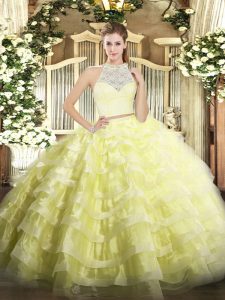 Exquisite Yellow Sleeveless Lace and Ruffled Layers Floor Length Sweet 16 Dresses