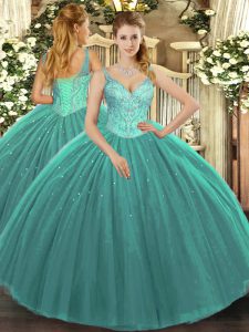  Turquoise Sleeveless Tulle Lace Up 15 Quinceanera Dress for Military Ball and Sweet 16