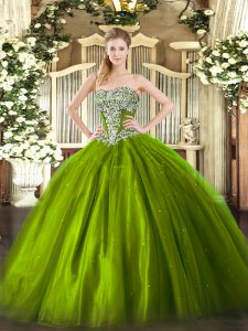 Eye-catching Olive Green Ball Gowns Tulle Strapless Sleeveless Beading Floor Length Lace Up Ball Gown Prom Dress
