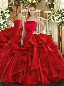 Stylish Red Sleeveless Floor Length Ruffles Lace Up 15 Quinceanera Dress