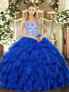 Glorious Floor Length Royal Blue Vestidos de Quinceanera Straps Sleeveless Lace Up