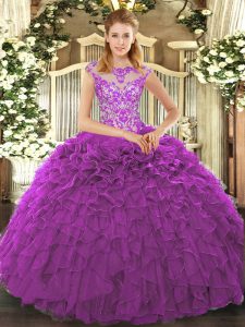  Cap Sleeves Beading and Appliques and Ruffles Lace Up Quinceanera Gowns