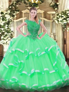 Fashionable Sleeveless Organza Floor Length Lace Up Quinceanera Dresses in Apple Green with Beading and Ruffled Layers