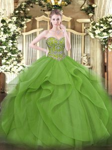 Unique Ball Gowns Sweet 16 Dress Olive Green Sweetheart Tulle Sleeveless Floor Length Lace Up