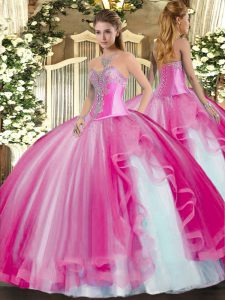 Edgy Fuchsia Quinceanera Gown Military Ball and Sweet 16 and Quinceanera with Beading and Ruffles Sweetheart Sleeveless Lace Up