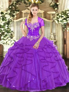 Noble Purple Ball Gowns Sweetheart Sleeveless Tulle Floor Length Lace Up Beading and Ruffles 15th Birthday Dress