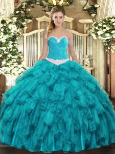 Comfortable Teal Sleeveless Organza Lace Up Ball Gown Prom Dress for Military Ball and Sweet 16 and Quinceanera