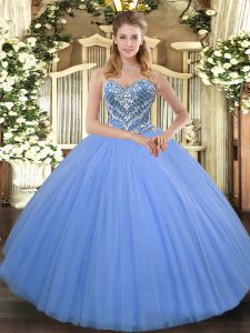  Baby Blue Ball Gowns Tulle Sweetheart Sleeveless Beading Floor Length Lace Up Quinceanera Gowns