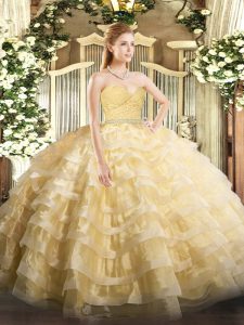 Fashionable Floor Length Zipper Quinceanera Dress Gold for Military Ball and Sweet 16 and Quinceanera with Beading and Lace and Ruffled Layers