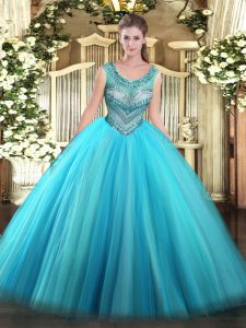  Sleeveless Floor Length Beading Lace Up Ball Gown Prom Dress with Baby Blue