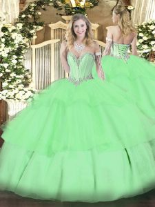  Sweetheart Sleeveless Quince Ball Gowns Floor Length Beading and Ruffled Layers Apple Green Tulle