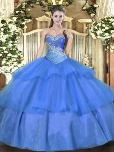  Blue Sweetheart Neckline Beading and Ruffled Layers 15th Birthday Dress Sleeveless Lace Up