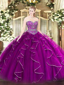 Flirting Tulle Sweetheart Sleeveless Lace Up Beading and Ruffles Vestidos de Quinceanera in Fuchsia