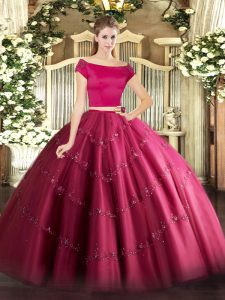  Short Sleeves Tulle Floor Length Zipper 15 Quinceanera Dress in Hot Pink with Appliques