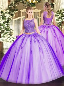 Gorgeous Scoop Sleeveless Lace Up Quince Ball Gowns Lavender Tulle