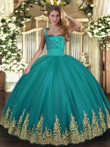 Glittering Sleeveless Floor Length Appliques Lace Up Ball Gown Prom Dress with Turquoise
