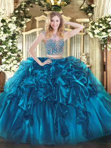 Spectacular Blue Two Pieces Scoop Sleeveless Organza Floor Length Lace Up Beading and Ruffles Quinceanera Dresses