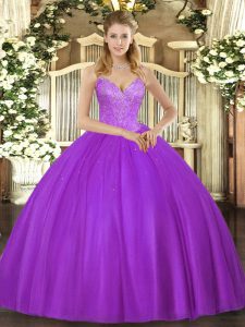 Custom Design Eggplant Purple Ball Gowns Tulle V-neck Sleeveless Beading Floor Length Lace Up Quinceanera Gowns