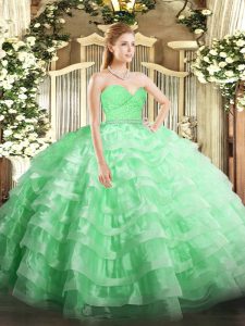 Free and Easy Sweetheart Sleeveless Sweet 16 Quinceanera Dress Floor Length Beading and Lace and Ruffled Layers Apple Green Tulle