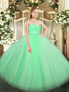 Inexpensive Apple Green Ball Gowns Beading and Lace 15 Quinceanera Dress Zipper Tulle Sleeveless Floor Length