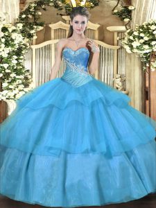 Sweetheart Sleeveless Tulle Ball Gown Prom Dress Beading and Ruffled Layers Lace Up