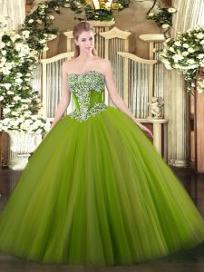  Olive Green Tulle Lace Up Strapless Sleeveless Floor Length 15 Quinceanera Dress Beading