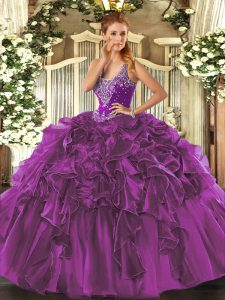  Floor Length Eggplant Purple Sweet 16 Dress Straps Sleeveless Lace Up