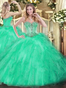  Sleeveless Tulle Floor Length Lace Up Sweet 16 Quinceanera Dress in Apple Green with Beading and Ruffles