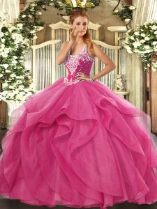 Luxury Sleeveless Floor Length Beading and Ruffles Lace Up Sweet 16 Dresses with Hot Pink
