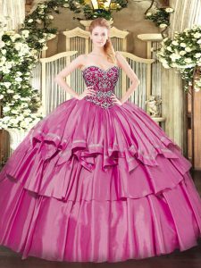  Sleeveless Organza and Taffeta Floor Length Lace Up Quinceanera Dress in Pink with Beading and Ruffled Layers