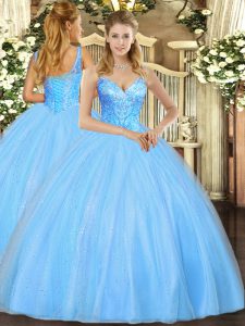  Aqua Blue Sleeveless Floor Length Beading Lace Up Quinceanera Dress
