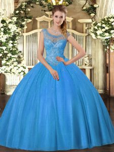 Fancy Baby Blue Sleeveless Tulle Lace Up 15th Birthday Dress for Sweet 16 and Quinceanera