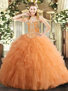  Beading and Ruffles Vestidos de Quinceanera Orange Lace Up Sleeveless Floor Length