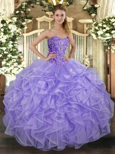 Extravagant Lavender Sleeveless Floor Length Beading and Ruffles Lace Up 15 Quinceanera Dress