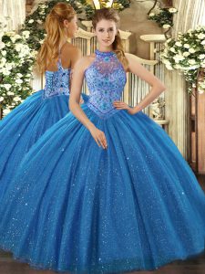  Floor Length Ball Gowns Sleeveless Blue Quinceanera Gown Lace Up