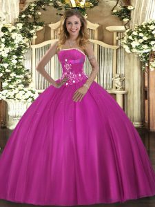  Fuchsia Ball Gowns Tulle Strapless Sleeveless Beading Floor Length Lace Up Sweet 16 Dresses